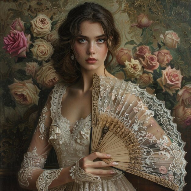 Young girl closeup with flowery woman with Roses background