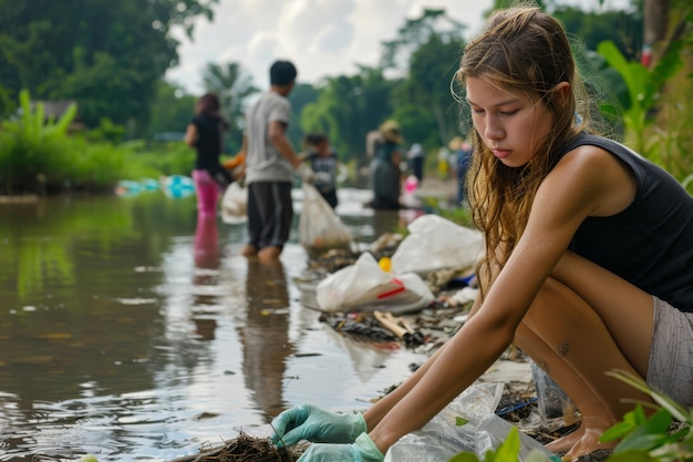 Young Girl Collects Garbage in River