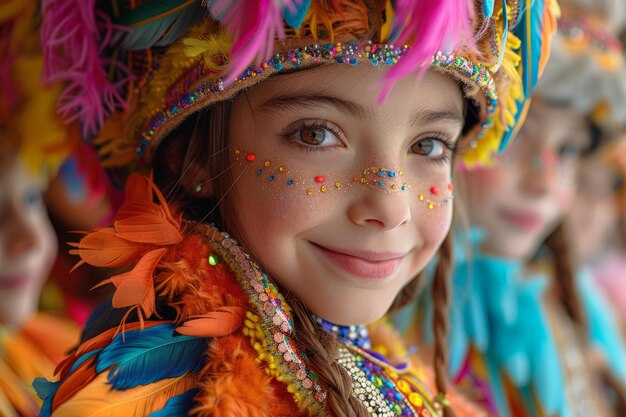 Young Girl in Colorful Headdress With Feathers