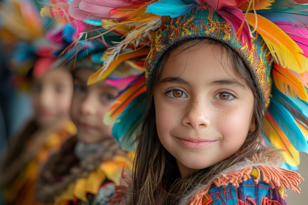 Young Girl in Colorful Headdress With Feathers