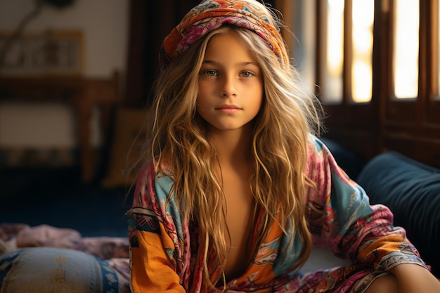 a young girl in a colorful robe sitting on a bed