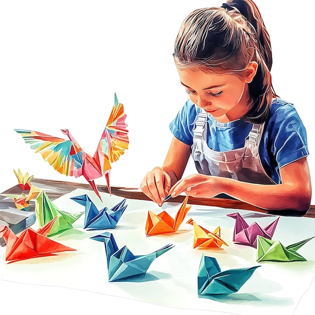 Photo young girl concentrated on making colorful origami birds