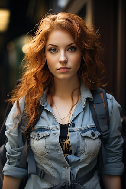 Young girl in crop top standing in alley with yellow lights