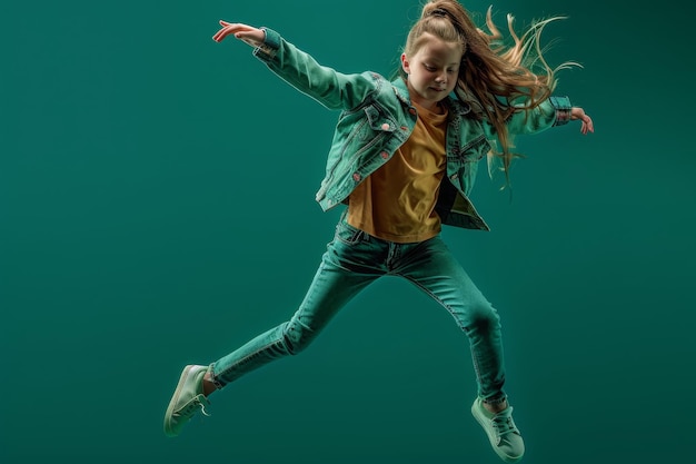 Photo young girl dancing in urban style on green background