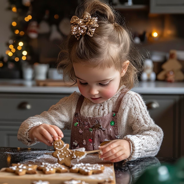 Photo a young girl decorates gingerbread cookies in a kitchen setting