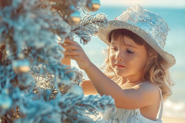 Young Girl Decorating Christmas Tree on Tropical Beach