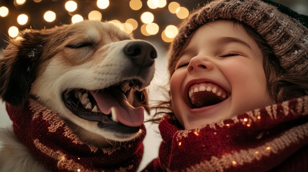 a young girl and a dog are smiling and the dog is smiling