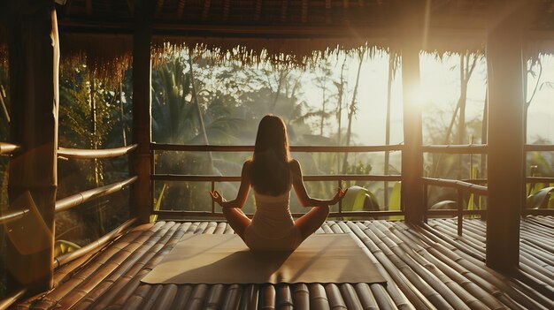 Young girl doing yoga outdoor Young woman practicing yoga in bamboo house nature on Generative AI