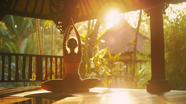 Young girl doing yoga outdoor Young woman practicing yoga in bamboo house nature on Generative AI