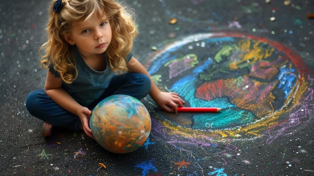 Young girl drawing a chalk planet Earth on the sidewalk