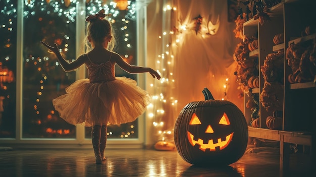 A young girl dressed as a ballerina twirls in a room filled with Halloween decorations while a pumpkin with a delicate carving glows nearby