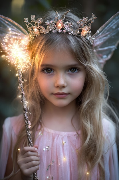 Photo a young girl dressed as a fairy holding a sparkling wand in a magical forest setting