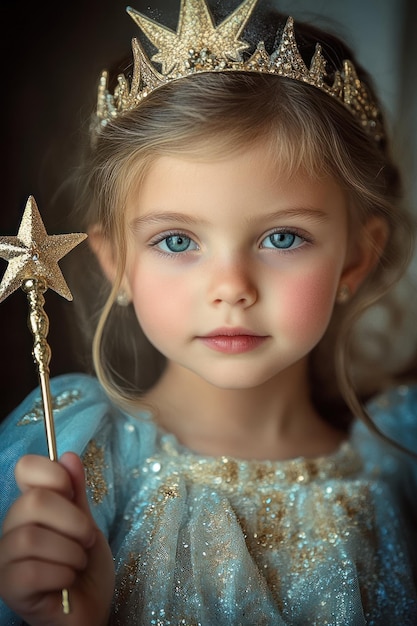 Photo a young girl dressed as a princess holding a sparkling wand exuding a whimsical charm