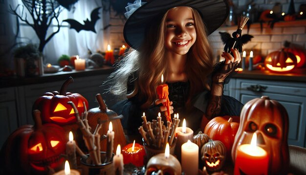 Photo a young girl dressed as a witch smiles amidst halloween decorations in a dimly lit kitchen