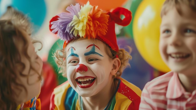 A young girl dressed in a clown costume is performing at a birthday party She is wearing a red nose a colorful wig and face paint