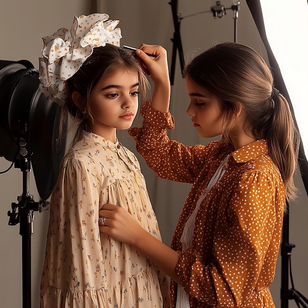 Photo young girl dressing a model for a photoshoot