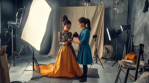 Young Girl Dressing a Model for a Photoshoot