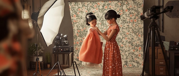 Photo young girl dressing a model for a photoshoot