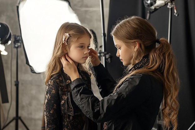 Photo young girl dressing a model for a photoshoot