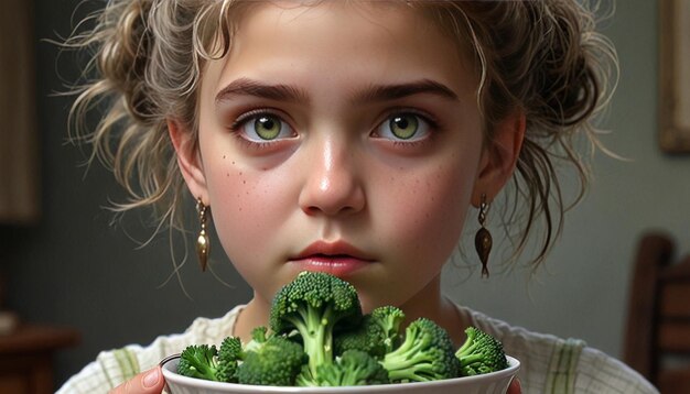 Photo young girl eating broccoli looking worried