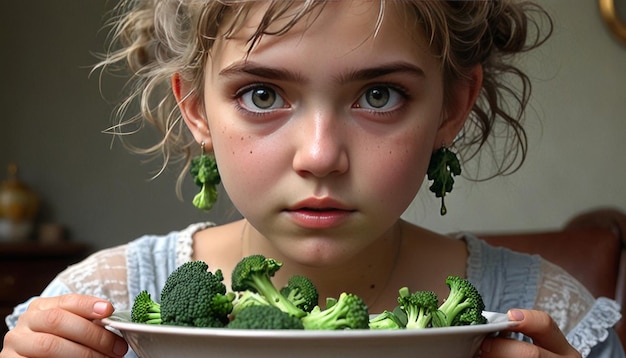 Photo young girl eating broccoli looking worried