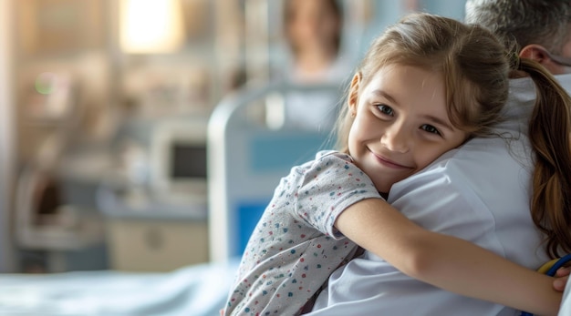 Young girl embracing parent in hospital room