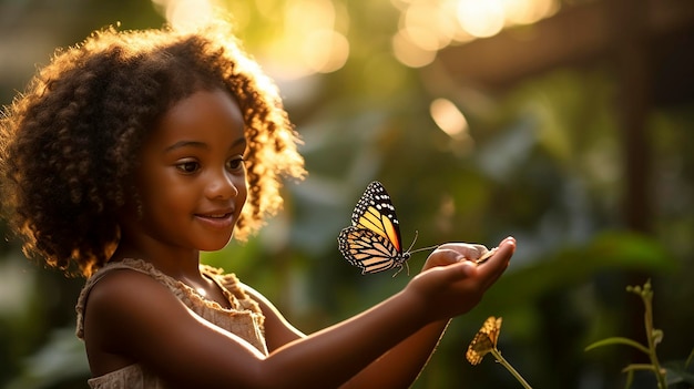 Young girl enchanted by a butterfly her eyes filled with wonder embracing the beauty of nature