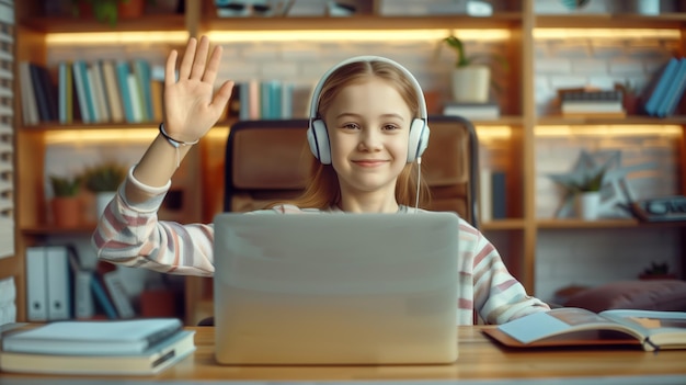 Photo young girl engaged in online learning waving in virtual classroom