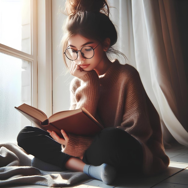 Young Girl Engrossed in Reading a Book by a Sunny Window Generative AI