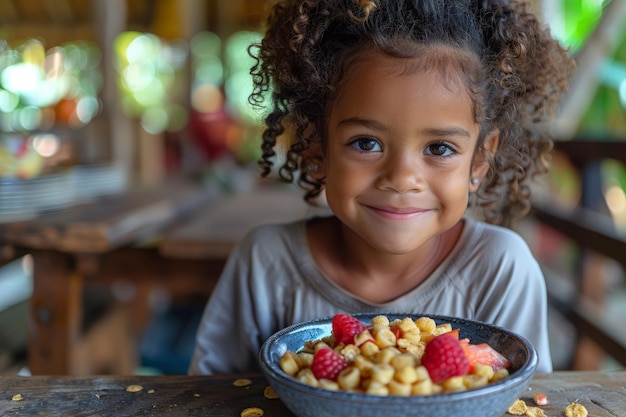 Young Girl Enjoying Cereal at Table