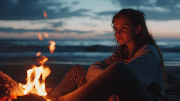 Photo a young girl enjoying a cozy bonfire by the beach at sunset for a memorable evening