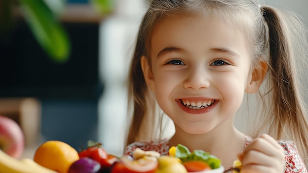 Photo young girl enjoying healthy food at home