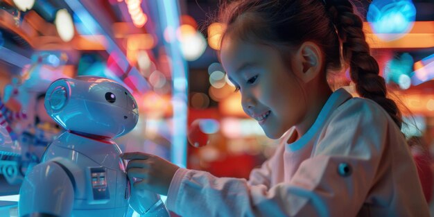 Photo a young girl enthusiastically interacting with an advanced robot toy in a brightly lit colorful environment