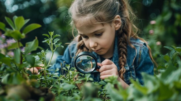 Photo young girl exploring nature with magnifying glass