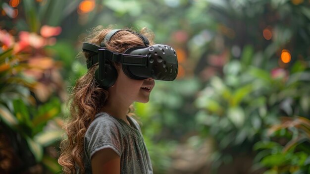 Photo young girl exploring virtual reality in lush greenery