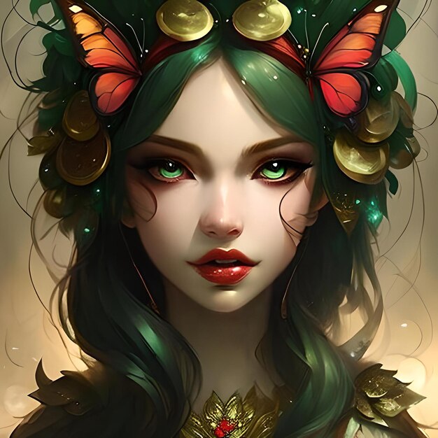 Young girl fairy large eyes crystal hair butterfly wings surreal concept