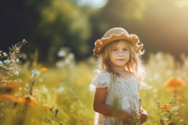 A young girl in a field of flowers