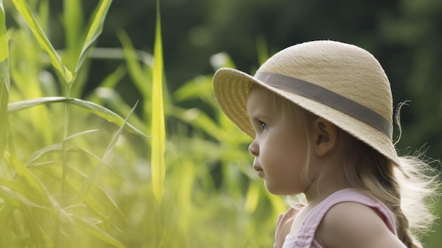 A young girl in a field looking at the grass