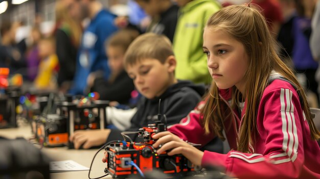 Young girl focused on building a robot with other children