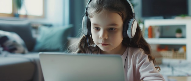 Young girl focused on her laptop wearing headphones in a cozy home setting