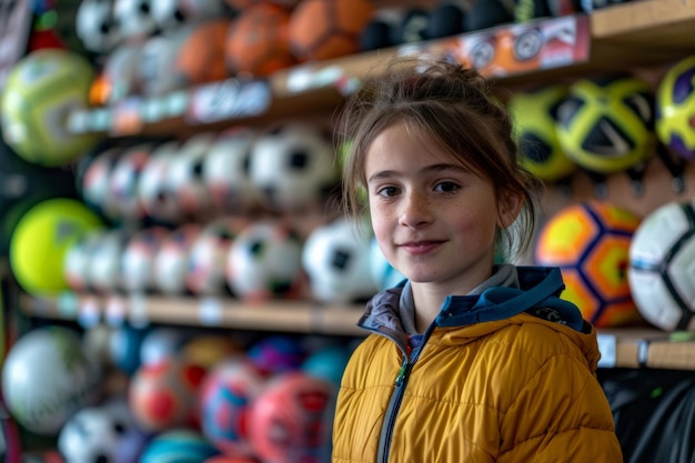 Young Girl in Front of Soccer Balls