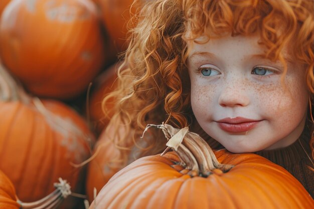 Young girl gathering pumpkins at the halloween patch for festive seasonal celebration