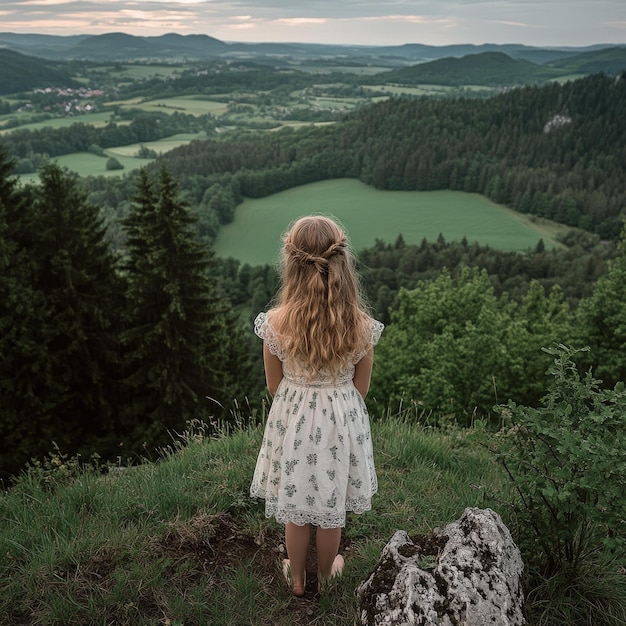 Photo young girl gazing at a green valley from a hilltop at sunset