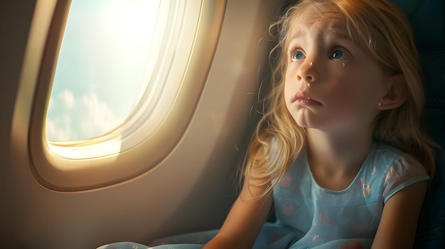 Young girl gazing out airplane window during travel journey