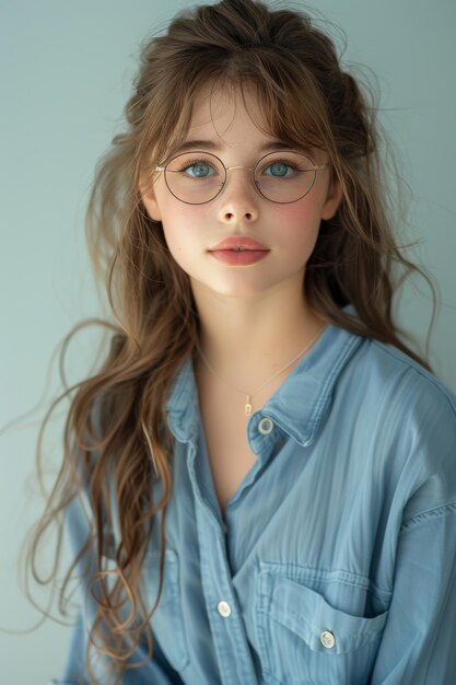 Young Girl in Glasses and Blue Shirt