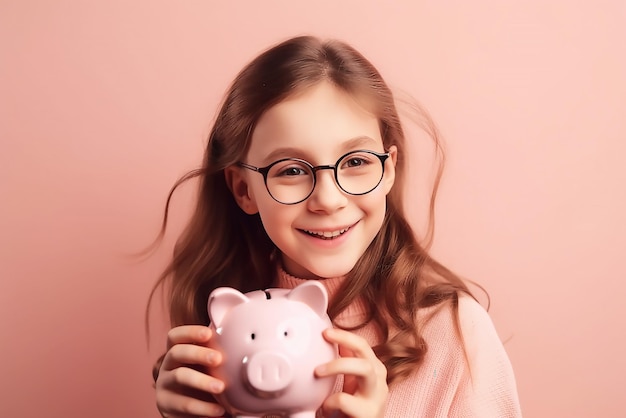 A young girl in glasses holds a pink piggy bank.