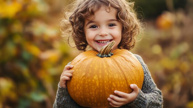 Photo a young girl in a gray sweater smiles while holding a large orange pumpkin