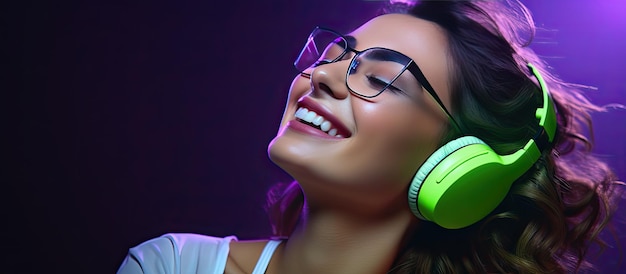 Young girl in green top and glasses enjoying music with headphones isolated on purple background