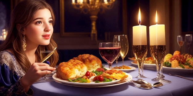 Young girl at Hanukkah dinner table with delicious food with wine decoration champagne elegance