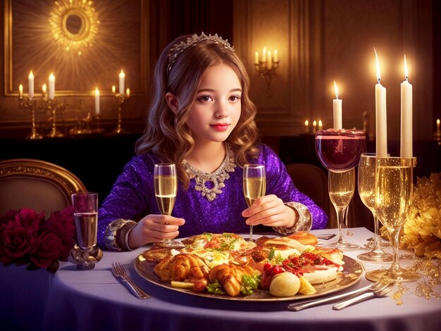 Young girl at Hanukkah dinner table with delicious food with wine decoration champagne elegance